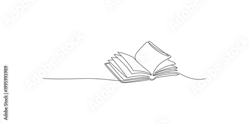 A simple line drawing of an open book on a white surface with one page blowing in the wind