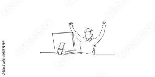 A simple line drawing of a man sitting at a computer with his arms raised in celebration isolated on white background