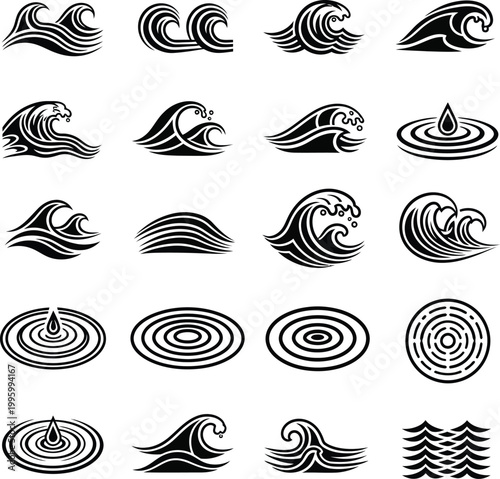 Stylized Ocean Tsunami and Water Drop Vector Pack, Clean Flat Design Nature Elements