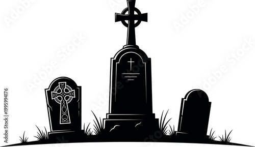 Spooky Halloween Graveyard Silhouette Vector with Celtic Cross Tombstones and Grass for Horror, Gothic, and Dark Theme Designs