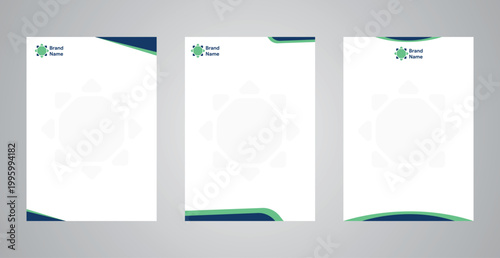 Set of three modern corporate letterhead vector design templates with clean layout, curved accents, and logo placeholder. Perfect for business stationery, branding identity, and professional document 