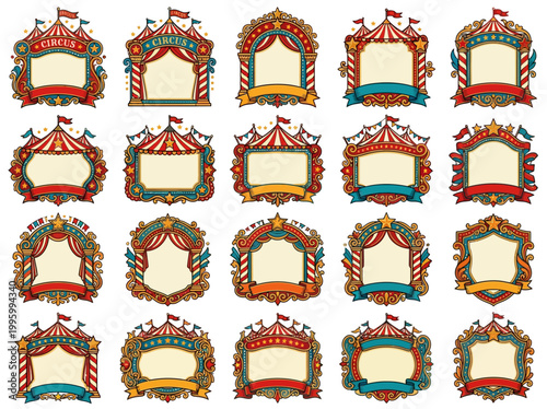 Vibrant carnival banners display various colorful designs on a white background with flags waving.