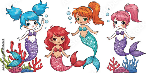 Cute cartoon mermaid girls set with colorful hair and underwater coral elements illustration, fantasy ocean characters for kids design and storytelling