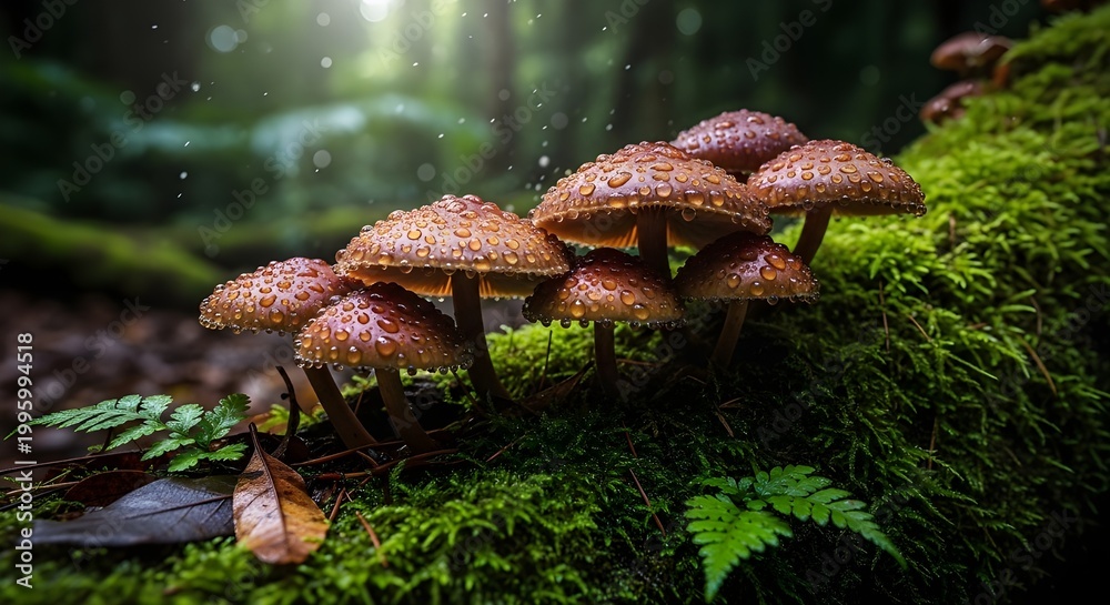 Fototapeta premium Macro shot of a cluster of brown wild mushrooms covered in dew on a green mossy fallen tree. Atmospheric forest background with soft lighting.