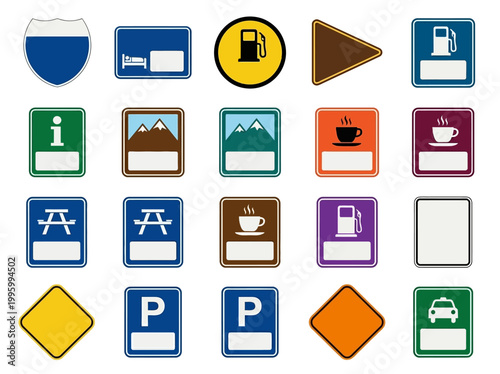 A collection of various road signs and symbols on a white background with icons representing travel, transportation, and information.
