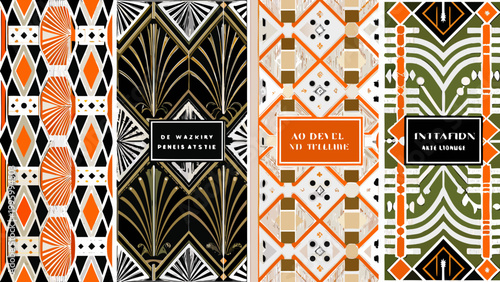 Four art deco patterned book covers with geometric designs and prominent text