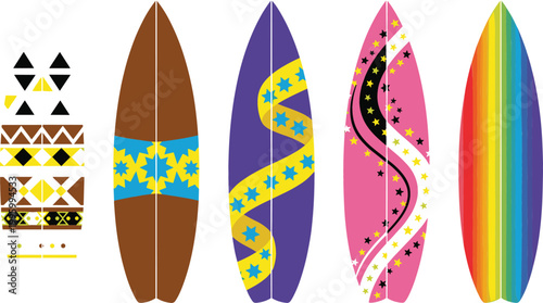 Colorful surfboards with decorative patterns illustration set, beach sports equipment and tribal design elements vector collection