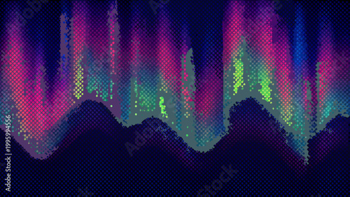 Abstract digital art featuring vibrant pixelated aurora borealis over dark silhouettes