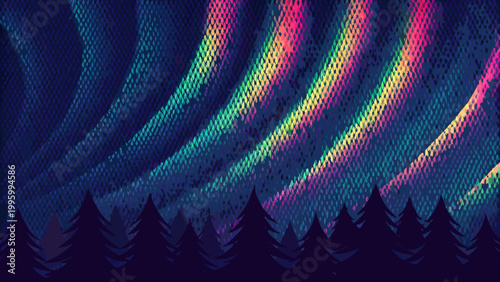 A vibrant and colorful aurora borealis illuminates a silhouetted forest landscape