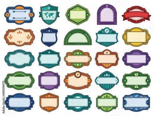 A colorful collection of various decorative labels and banners are arranged on a clean white background for design purposes.