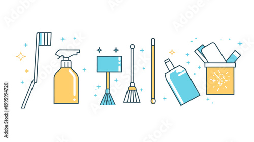 A clean and organized illustration of various cleaning supplies, including toothbrush and spray