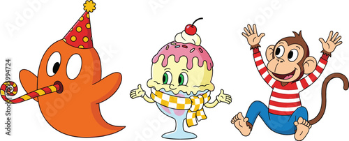 Cartoon party ghost, ice cream character and playful monkey illustration set, fun celebration and kids themed vector collection design