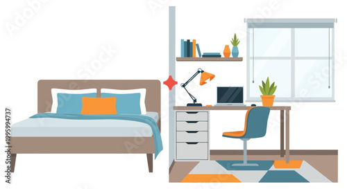 Furniture, bedroom, desk, vector illustration, home office, bed, workspace