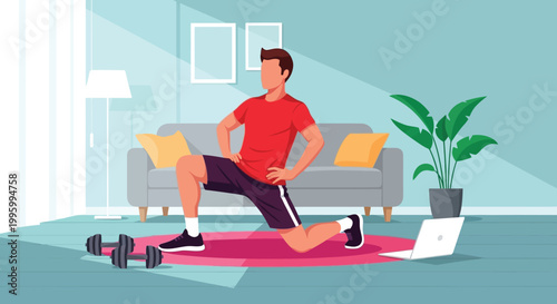 Fotografía A man performs a lunge exercise in a brightly lit living room with modern furnit