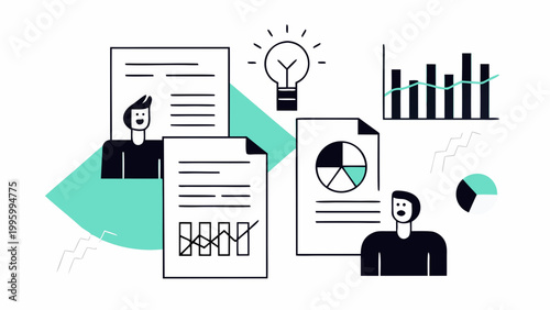 Illustrative graphic depicting business concepts like ideas analysis and human resources
