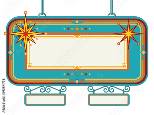 A vibrant illustration of a retro-style sign with neon lights and ornaments hangs prominently in a lively atmosphere.