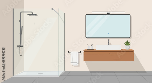 Modern bathroom interior, minimalist design, shower cubicle, wooden vanity, beige walls
