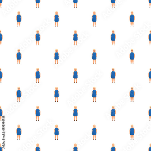 Overweight blonde woman cartoon character standing wearing a blue dress creating a seamless pattern