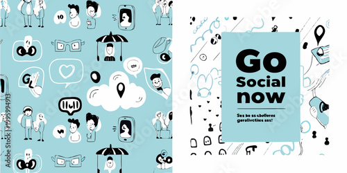 A playful illustration features social media icons people and communication elements on a blue background