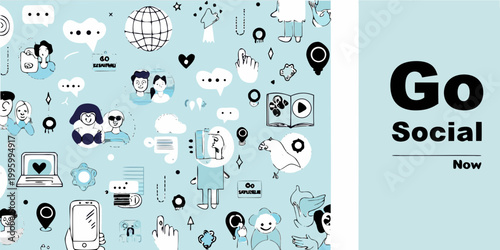 A colorful illustration depicting social media connections communication and digital interaction