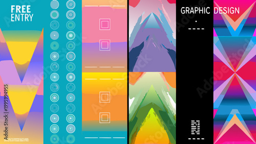 A vibrant collage of abstract geometric designs and colorful vertical banners