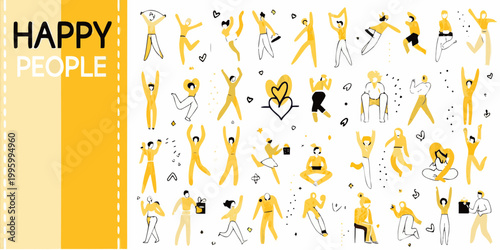 A collection of minimalist yellow illustrations depicting joyful people in various poses and activities