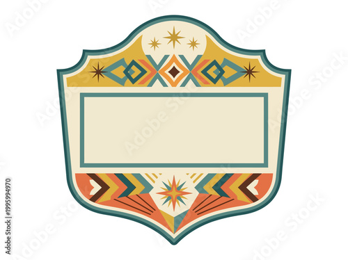 An ornate shield-shaped emblem with a blank rectangular center is displayed prominently in a graphic design.