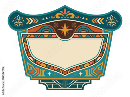 Vibrant decorative shield with intricate designs and patterns on display