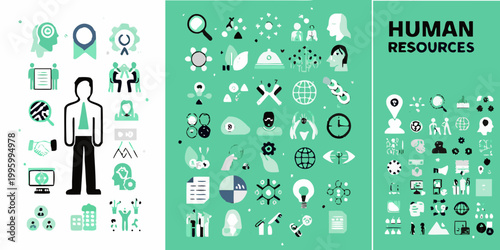 A vibrant illustration depicting human resources concepts with various related icons and a silhouette