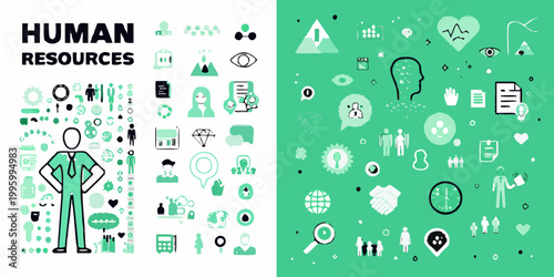 A vibrant illustration representing human resources concepts with icons and a figure