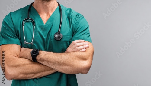 Male Doctor Wearing Green Scrubs and Stethoscope with Arms Crossed.