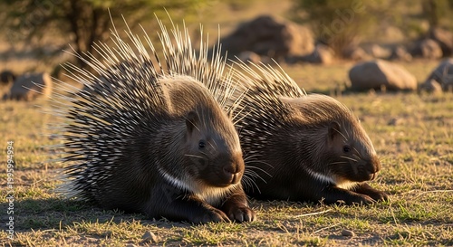 Two African Porcupines Resting in the Sunlit Grassland.