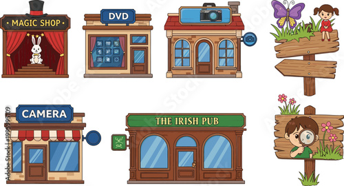 Cartoon storefront buildings set with magic shop, DVD store, camera shop and pub, plus wooden signboards and kids illustration for city design