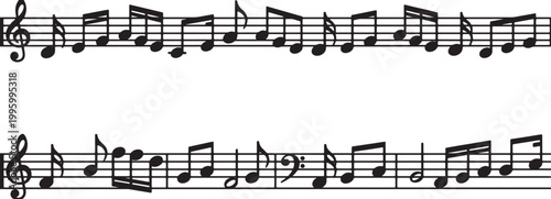 Black musical notes and clefs arranged on staffs creating a decorative border on a transparent background