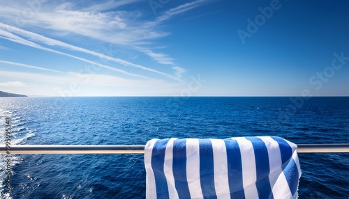 blue and white striped towel fluttering over a boat railing with a blue sea in the background concept nautical photo seascape wind swept towel blue and white color palette boat railing scene