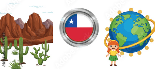 Desert landscape with cactus, Chile flag badge and girl with globe illustration set, geography and world culture themed vector collection design