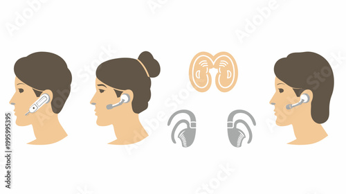 Illustration of headset options shown on faces and as standalone pieces