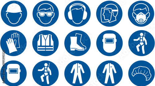Vector Icons Set of mandatory safety equipment signs and personal protective equipment icons. Vector Illustrations. EPS Editable