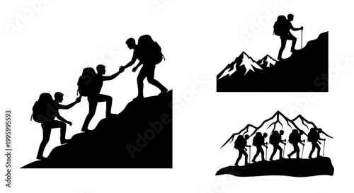 Silhouette hikers climbing mountains, teamwork, adventure, success