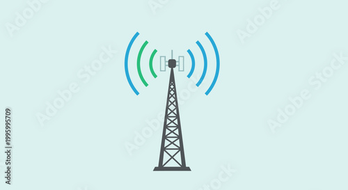 A graphic illustration of a tall communication tower emitting blue and green wireless signal waves against a light blue background.