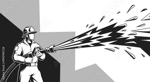 Monochromatic illustration of a firefighter in uniform holding a hose and spraying a powerful stream of water with dynamic splashes.