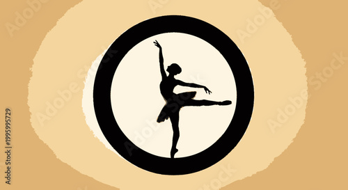 Elegant black silhouette of a ballerina dancing en pointe within a bold black circle on a warm beige background, evoking grace and artistic movement.