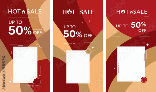 Vibrant hot sale banners displayed on a colorful background with geometric shapes and white rectangles for advertisements.