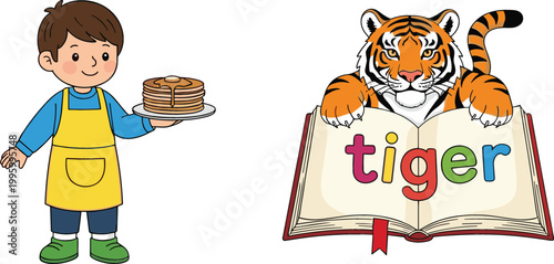 Cartoon boy holding pancakes and tiger in book illustration with word tiger, kids learning and food themed vector design collection