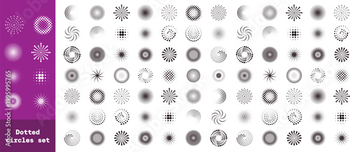 Circle dotted speed lines. Abstract round halftone circle frames, rotating dotted circle shapes. Big collection of round Logos.