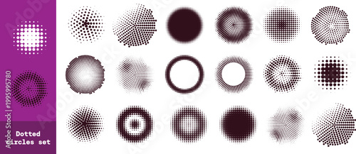 Circle dotted speed lines. Abstract round halftone circle frames, rotating dotted circle shapes. Big collection of round Logos.
