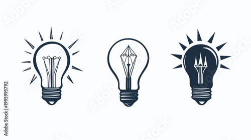 Three stylized lightbulbs in dark blue, each with different internal filament designs and rays
