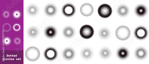 Circle dotted speed lines. Abstract round halftone circle frames, rotating dotted circle shapes. Big collection of round Logos.