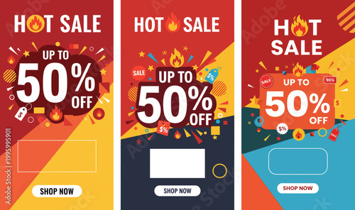 Vibrant hot sale banners with up to 50 percent off discounts displayed on colorful backgrounds