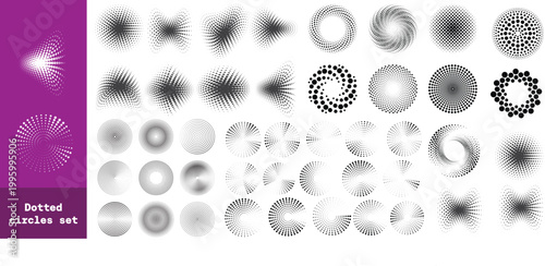 Circle dotted speed lines. Abstract round halftone circle frames, rotating dotted circle shapes. Big collection of round Logos.